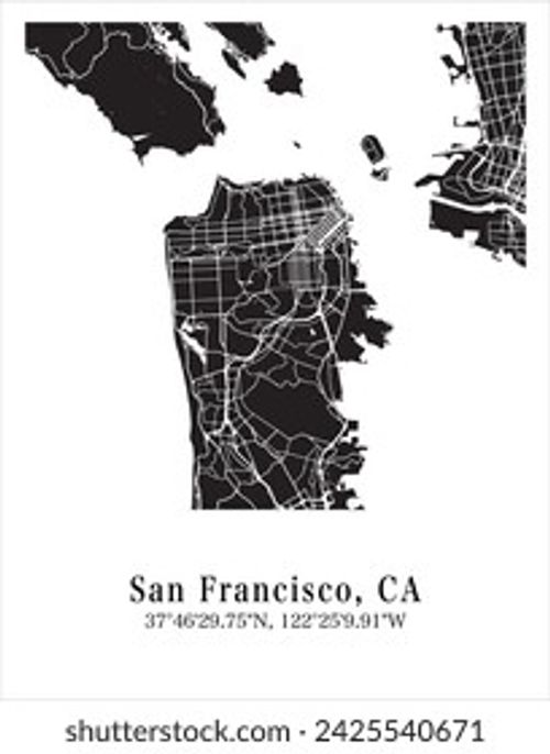 San Francisco city map. Travel poster vector illustration with coordinates. San Francisco, California, The United States of America Map in dark mode. Stock Vector
