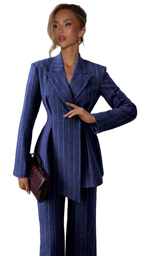 Pinstripe Suits for Women 2 Pieces Slim Fit Peak Lapel Tweed Womens Suit Business Casual Pant Suits for Women Dressy