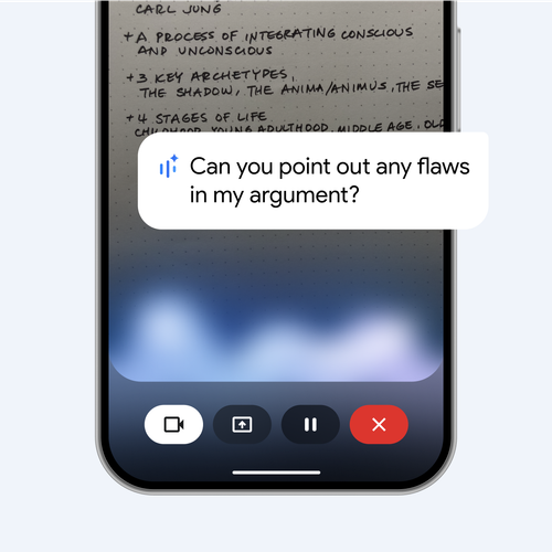A user interface screenshot of Gemini Live with a quote that reads "Can you point out any flaws in my argument?"