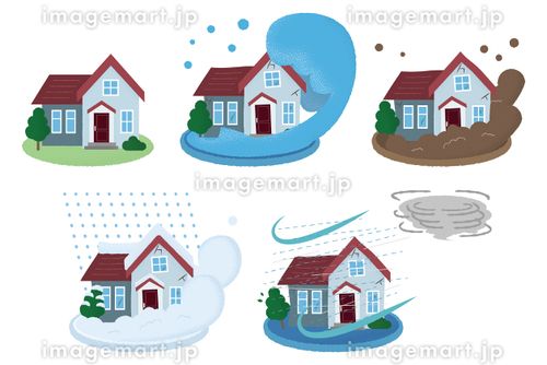 災害に遭う住宅のベクターイラストセット　水害・土砂災害・雪崩・台風 住宅ローン,地震保険,損害保険のイラスト素材