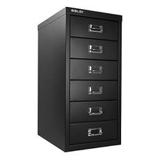Bisley 6-Drawer Steel MultiDrawer Cabinet - Black, Chrome Pull Handles with Label Holders, Powder-Coated Steel, Removable Drawers, Fits Under Most Desks, Labels Included