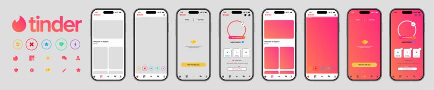 Tinder UI mockup with swipe cards matches chat profiles notifications and dating app interface layout design