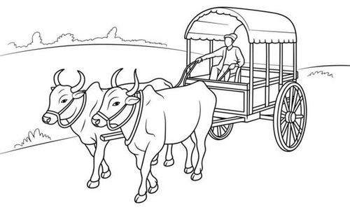 Black and white line drawing of a man driving a bullock cart through a landscape ox cart wagon vector