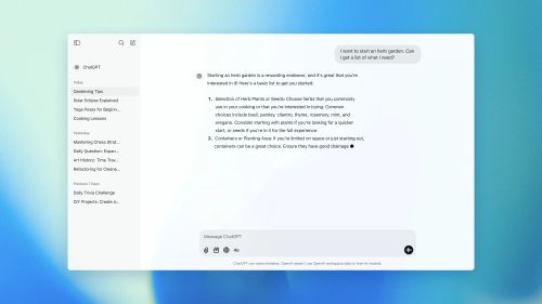 界面展示了用户与 ChatGPT 的对话，内容是整理一份打造香草花园的物品清单。