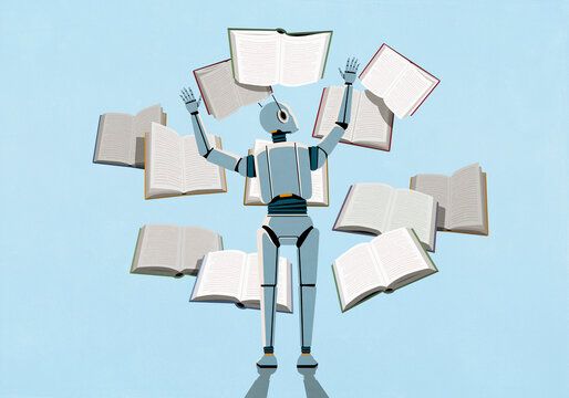 A robot surrounded by open books, reaching up as if catching them