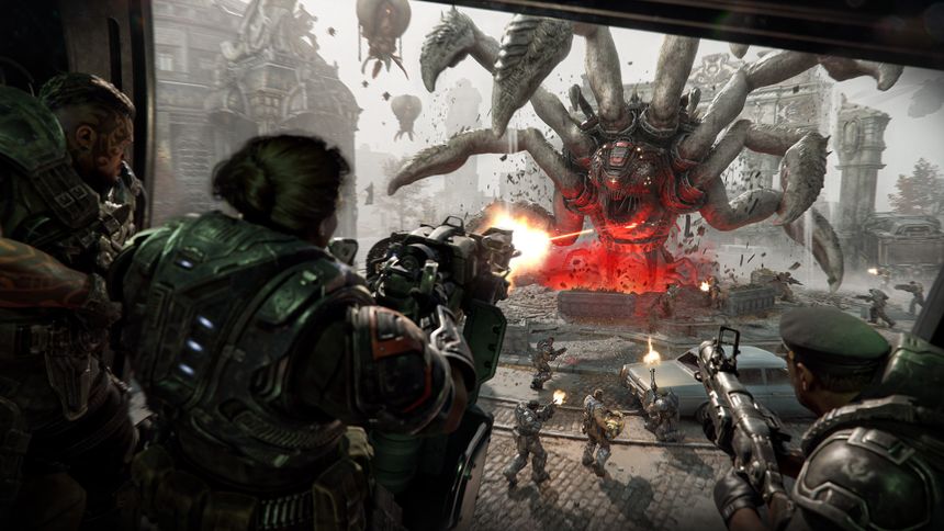 Cog Army fights back against giant Corpser exploding through the city center