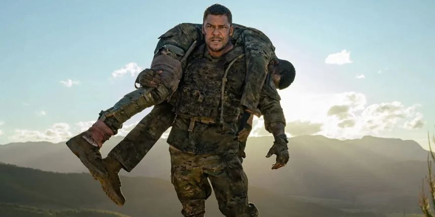 Elenco de Máquina de Guerra 2026 com Alan Ritchson e Dennis Quaid em cena de treinamento militar