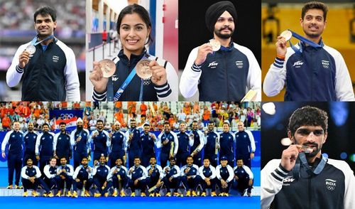 Paris: Medal winners for India in the Paris Olympics 2024, Silver- Neeraj Chopra, Bronze- Manu Bhaker, Manu Bhaker & Sarabjot Singh, Swapnil Kusale, Indian hockey team, Aman Sehrawat. (IANS Photo)