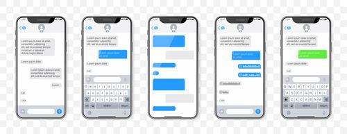 Messaging screen mockups on smartphones. Chat windows with messages and keyboard. Useful for apps presentation and ui preview