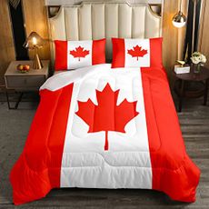 Erosebridal Canadian Flag Comforter Set for Boys, Maple Leaf Quilted Duvet Canada Nation Flag Bedding Set for Teens Adult, Red and White Microfiber Down Comforter with 2 Pillow Cases, Full Size