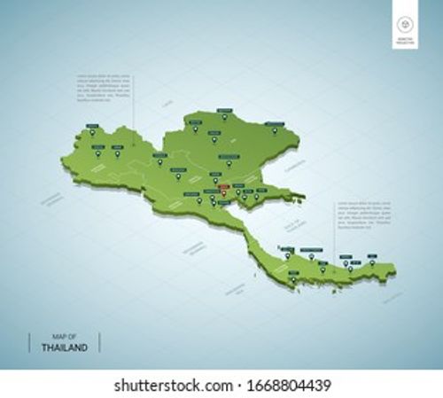 Stylized map of Thailand. Isometric 3D green map with cities, borders, capital Bangkok, regions. Vector illustration. Editable layers clearly labeled. English language.
 Stock Vector