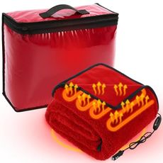 Riakrum 12V Heated Car Blanket 58 x 43 Inch, Portable Heated Blanket 3 Heating Levels, Red Electric Throw with Storage Bag, Adjustable Temperature, for Travel Truck SUV Rv Camping Winter Cold Office