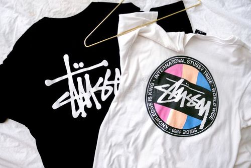 Stussy logo on T shirt. Stussy is a hype street wear brand. Stussy logo stock images, royalty-free photos and pictures