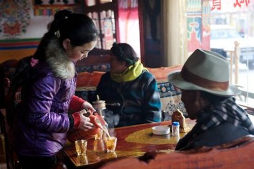 Close-up of traditional Tibetan po cha butter tea