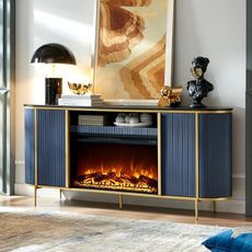 OKD Luxury 70" Fluted Fireplace TV Stand, Modern Chic Entertainment Center for TVs Up to 80 inches, TV Console with Faux Marble Top, Curved Profile Design, Media Console for Living Room, Navy Blue