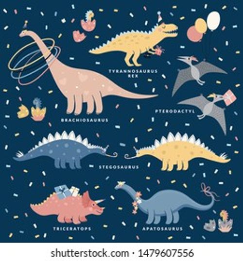 Different types of dinosaurs. Apatosaurus, triceratops, stegosaurus, brachiosaurus, pterodactyl, tyrannosaurus rex. Vector illustration with dino's birthday party. Cute cartoon dino character for kids Stock Vector