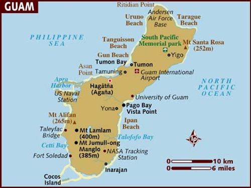 Map of Guam. The island is 30 miles long, 12 miles wide at its widest and 4 miles wide at its narrowest.