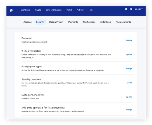 The security settings in PayPal, where you can change your password or add 2-step verification