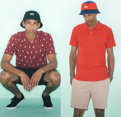 (03a) Pueblo Shirt - (03b) Worldwide Bucket Hat - OBEY Clothing 2014 Summer Mens Lookbook Fashion Collection - Chinos Khakis Slacks Paisley Print Motif Pattern Polka Dots Button Down Polo Shirt Short Sleeve Tropical Leaves Foliage Kaleidoscope Shorts Bucket Hat Smart Casual Suit, Khaki Slacks, Smart Casual Menswear, Mens Fashion Work, Obey Clothing, Mens Fashion Photography, Mens Fashion Smart, Casual Summer Shorts, Mens Boots Fashion