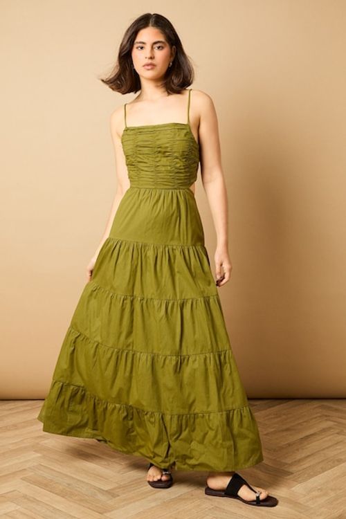 Oasis Gathered Bodice Tie Back Maxi Dress Olive