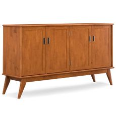 SIMPLIHOME Draper Buffet - 66 inch Wide Solid Hardwood 4-Door Sideboard Buffet in Teak Brown, Mid-Century Modern Cabinet for Dining Room or Kitchen with Adjustable Shelves and Tapered Legs