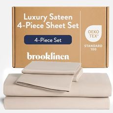 Brooklinen Luxury Sateen 4 Piece Sheet Set - 100% Cotton Bed Sheets, Soft & Durable Queen Size Sheets Set in Pebble, Oeko-TEX Certified Bedding Set, 1 Fitted Sheet, 1 Flat Sheet, 2 Pillowcases