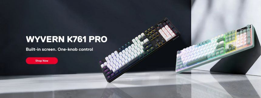 Wyvern K761 Pro keyboard with built-in screen and one-knob control on a dark background.