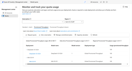 Azure AI Foundry 预配的配额 UI 的屏幕截图。