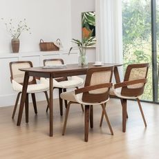 ALLFONIS Set of 4 Faux Leather Dining Chairs - Cane Dining Chairs with Bentwood Frame with Ergonomic Cane Back, Curved Arms, Rattan Kitchen Chairs for Kitchen/Living Room/Reception (Walnut Beige)