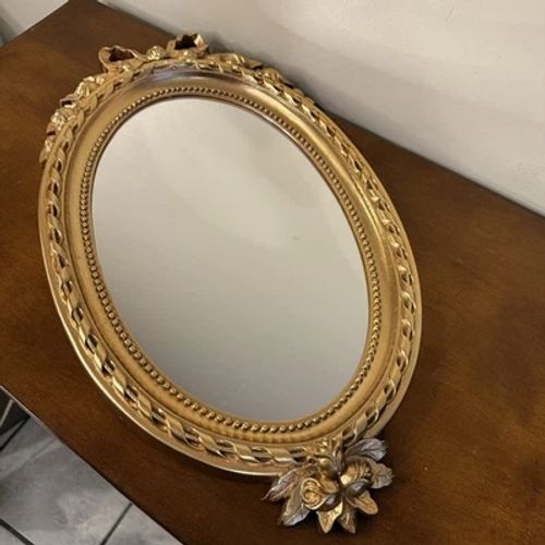 Vtg Home Interiors Gold Hollywood MCM Oval Hanging Wall Mirror Bow Ornate Decor - Image 1 of 4