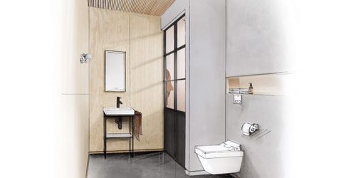 Drawn design of a small bathroom with sink, mirror, and toilet