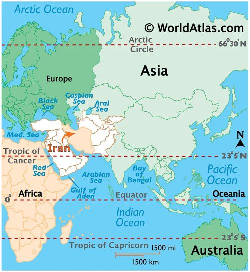 Map showing location of Iran in the world.