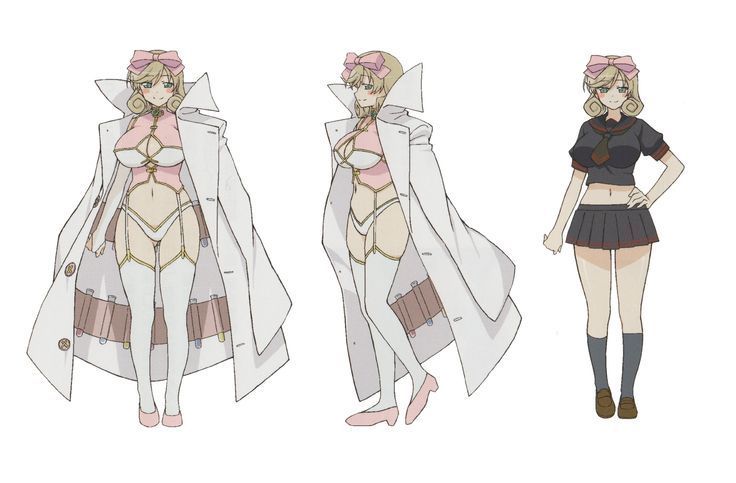 three different views of an anime character with long hair and short legs, wearing clothes