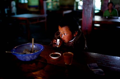 Chill drinker enjoying butter tea at Sera Monastery in Lhasa