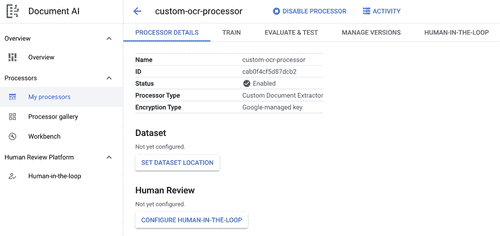 图 13.8 – Google Cloud 控制台 UI 中的自定义文档 AI 处理器详细信息