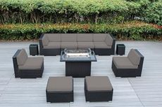 Fully Assembled Sunbrella Taupe Sectional 11 Piece Ohana Outdoor Patio Furniture Black Wicker Conversation Set with 42-inch Propane Gas Fire Table