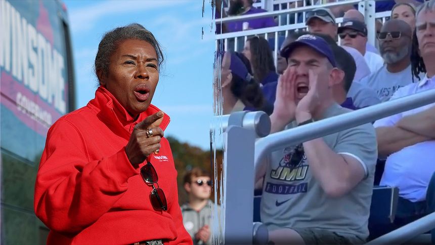 Virginia GOP gubernatorial candidate Winsome Earle-Sears next to the agitator who yelled racially charged remarks at her during a football game earlier this month