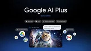 Google AI Plus 訂閱服務宣傳圖，中心展示 AI 生成的貓咪太空人影片，四周圍繞著 Gemini 應用、200GB 儲存空間以及 Gmail、Google 文件等應用程式整合圖示。