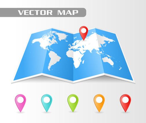Full vector folded map of the world with a perspective view complete with colorful map pointers