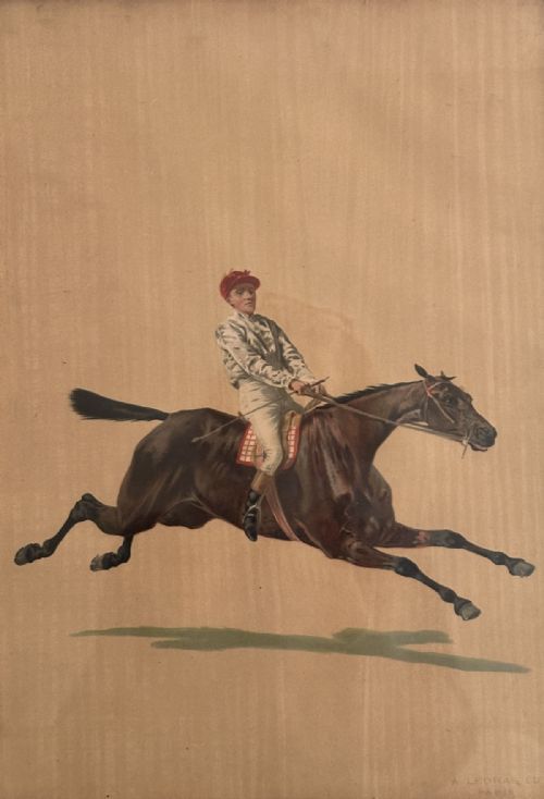 GALLOPING RACEHORSE JOCKEY ANTIQUE PRINT
