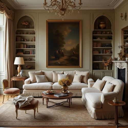 open shelving living room with victorian interior design