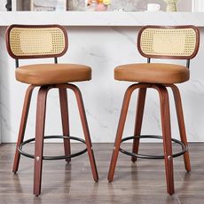 Natural Rattan Bar Stools Set of 2,Upholstered PU Leather Counter Height Barstools with Back and Bent Wood Legs,360°Swivel,Mid-Century Modern Bar Stool for Kitchen Island Dining Room and Bar(Brown)
