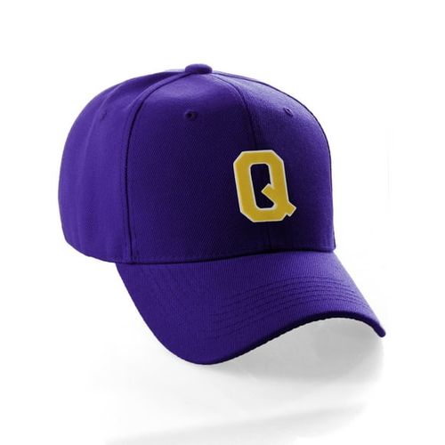 Classic Baseball Hat Custom A to Z Initial Team Letter, Purple Cap White Gold Letter Q