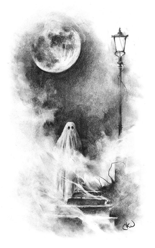 a drawing of a ghost standing in front of a street light with the moon behind it