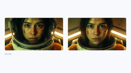AI-generated image of: a side-by-side comparison demonstrating AI editing capabilities, showing an input image of a female astronaut wearing a helmet on the left, and the resulting image with the helmet removed on the right