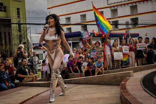 Drag queen Lumina Klum performs as activists take part in a protest to kick off Pride month on June 02, 2023 in Quezon city, Metro Manila,...