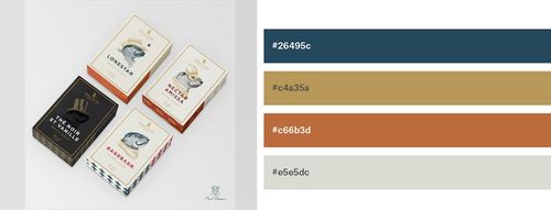Packaging design with navy, ochre, burnt sienna and light grey color scheme