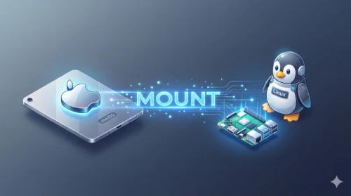 Illustration d'un appareil macOS et d'un pingouin Linux avec une carte Raspberry Pi, reliés par un pont lumineux étiqueté 'MOUNT', symbolisant le transfert de données.