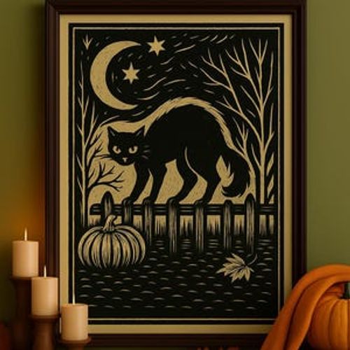 Vintage Linocut Print Black Cat Halloween Poster Rustic Folk Art Wall Decor Pumpkin Moon Stars Antique Style Spooky Fall Home