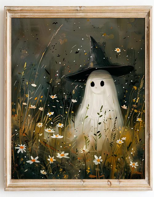 Kizbok Cute Ghost Decor, Vintage Halloween ghost Wall Art Prints, Spooky Ghosts in Floral Landscape Painting, Halloween Pi...